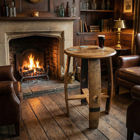 A cozy pub scene features a handcrafted Pub Table with a pint of beer, leather chairs, a lit fireplace, and rustic furniture.