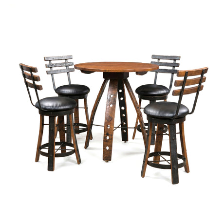 The Barrel Stave Table With Swivel and Reverse Leg Stools features four matching chairs with black seats, metal and wood backs and legs—a stylish take on classic whiskey barrel furniture.