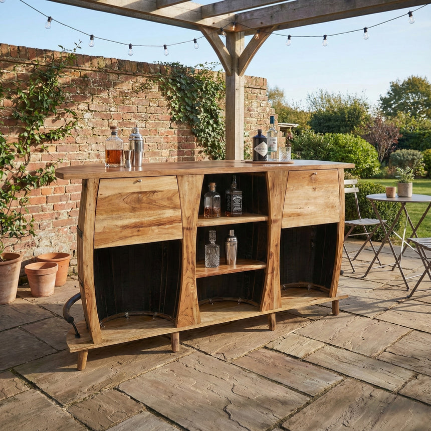 The 3 Barrels Bar Table, a wooden outdoor bar styled like a whiskey barrel, is displayed on a stone patio with bottles and glasses on top, set against a garden and brick wall backdrop.