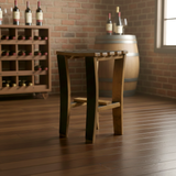 Bar Stool Wooden, Specify Height 24" to 30", Hand Made Solid Wood Barrel Stave Construction, set in a wine cellar with bottles and a bourbon barrel—sunlight through the window creates a perfect rustic atmosphere.
