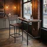 Outdoor Bar Stool by a window in a cozy café with brick walls, warm lights, and a cup on the table.
