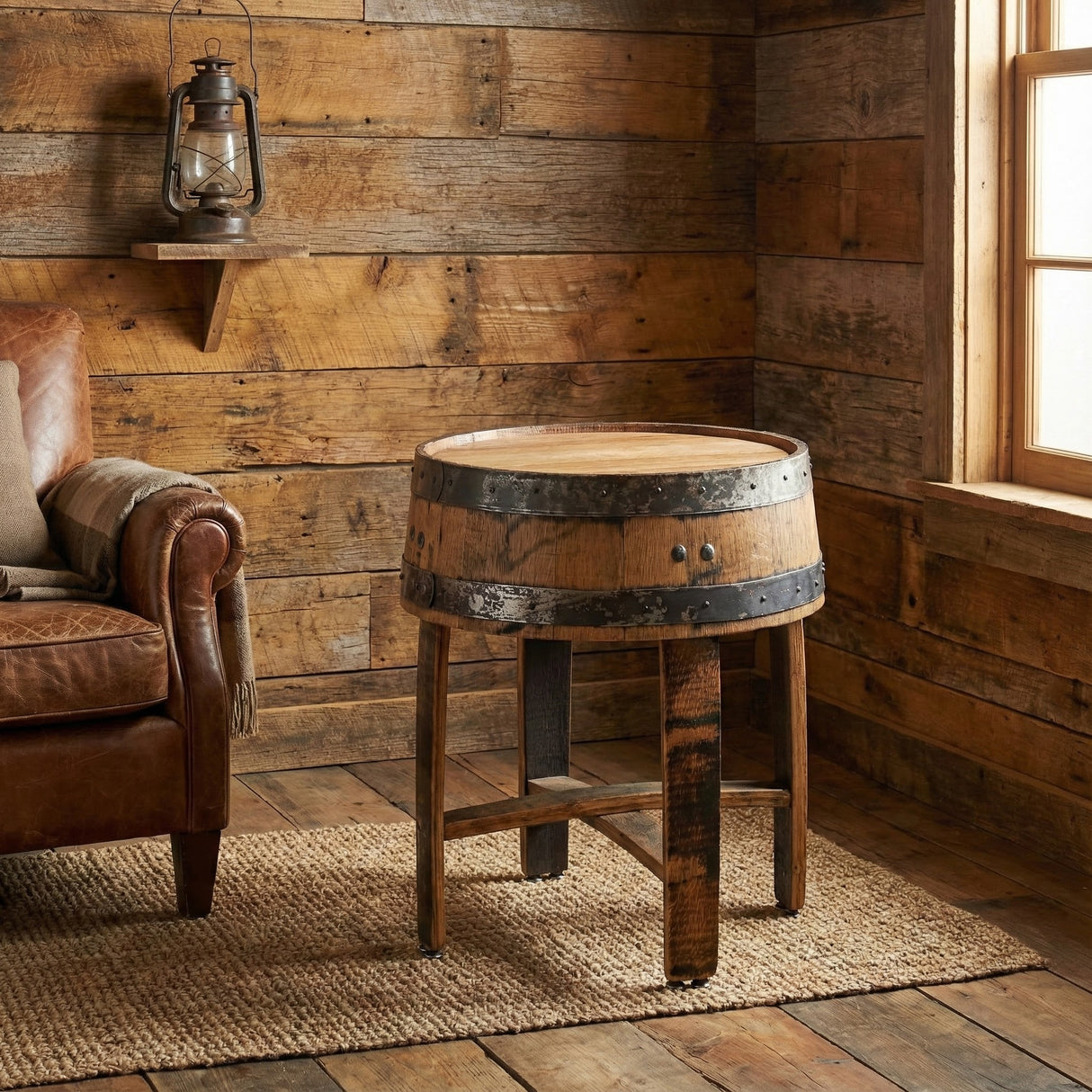 The Barrel End Table stands on a rug in a rustic room with wood-paneled walls and a leather armchair.