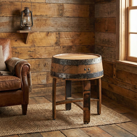 The Barrel End Table stands on a rug in a rustic room with wood-paneled walls and a leather armchair.