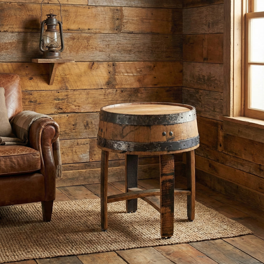 The Barrel End Table stands on a rug in a rustic room with wood-paneled walls and a leather armchair.