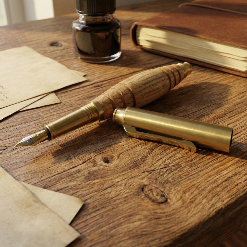 The Bourbon Barrel Fountain Pen, handcrafted from reclaimed Kentucky bourbon barrels, rests uncapped on a rustic wooden desk beside paper, a book, and an ink bottle.