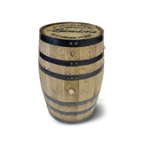The Clean Full Barrel With Logo Head features metal bands and branded text on top, standing upright on a white background—ideal as a custom engraved whiskey barrel head for personalized décor or unique gift ideas.