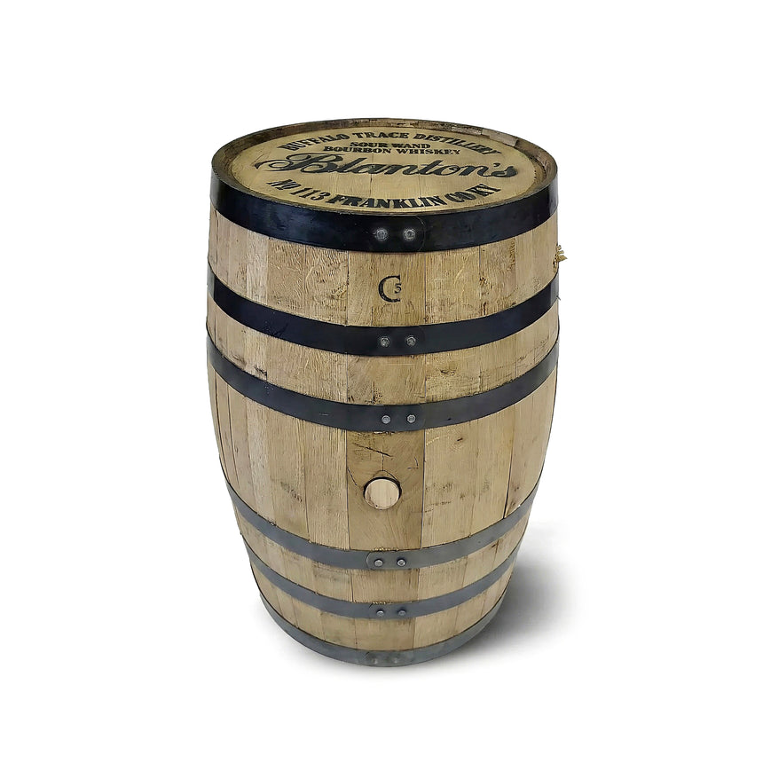 The Clean Full Barrel With Logo Head features metal bands and branded text on top, standing upright on a white background—ideal as a custom engraved whiskey barrel head for personalized décor or unique gift ideas.