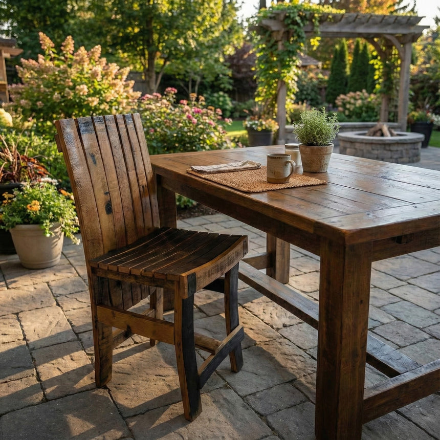 Handmade solid wood barrel stave dining chair and wooden table on a stone patio, surrounded by potted plants and a sunlit garden pergola.