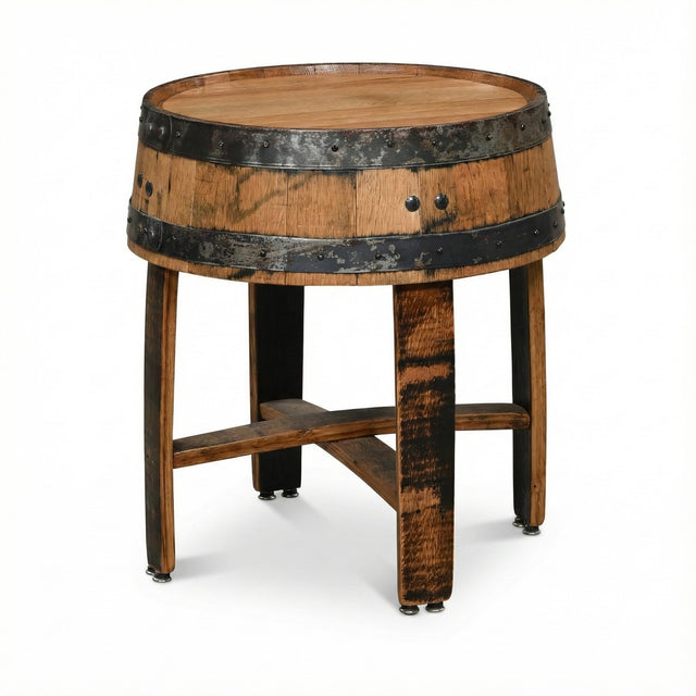 The Barrel End Table features a rustic design with a wooden barrel, metal bands, and four sturdy legs—perfect as a charming side table for any cozy space.