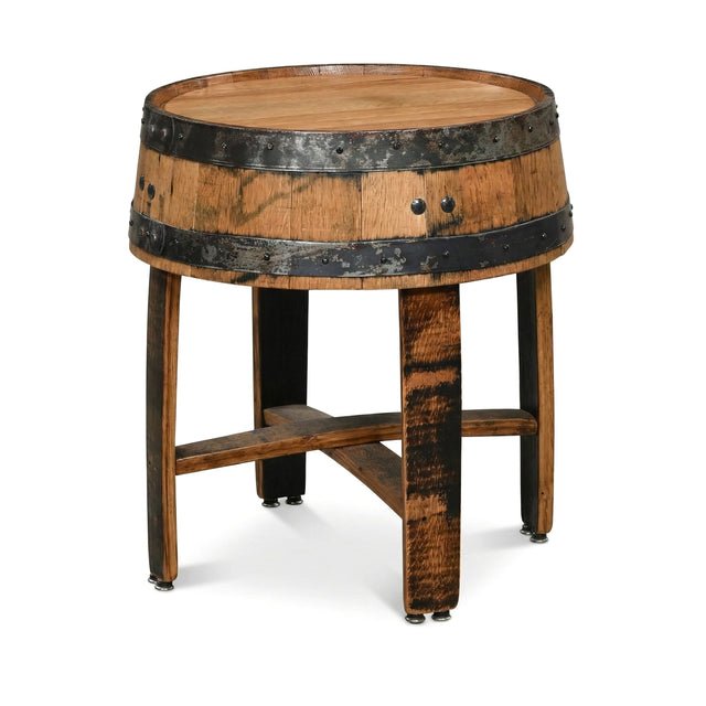 The Barrel End Table is crafted from a repurposed wooden barrel with metal bands and four sturdy legs, adding rustic charm and character to any space.