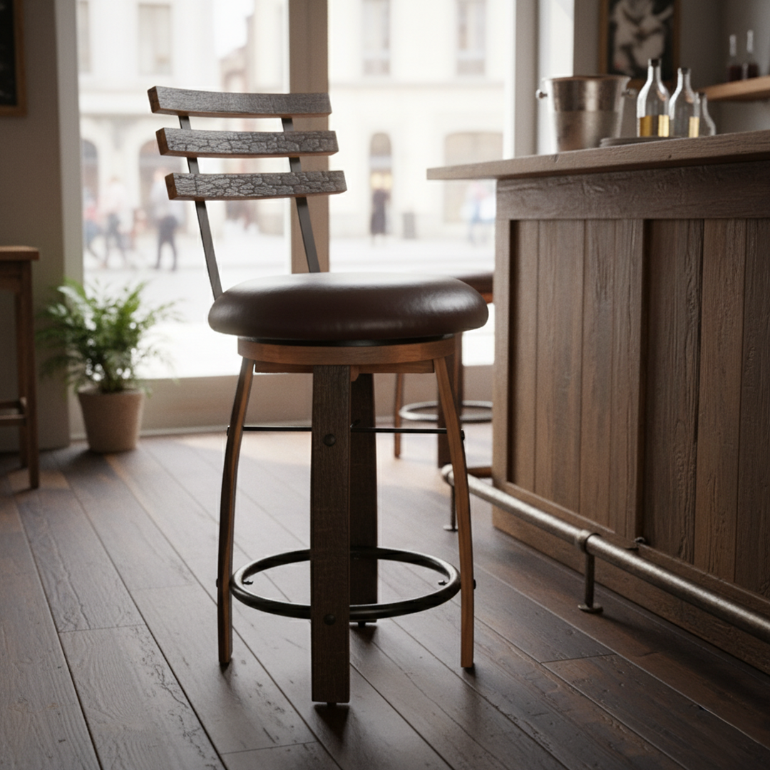 The Bar Stool with Swivel Cushioned Seat & Stave Back stands by a wooden counter in a cozy, sunlit café, offering comfort and style inspired by bourbon barrel furniture.