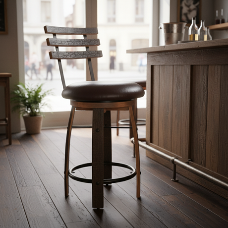The Bar Stool with Swivel Cushioned Seat & Stave Back stands by a wooden counter in a cozy, sunlit café, offering comfort and style inspired by bourbon barrel furniture.