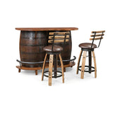 The Barrel Bar Table with Chairs features a wood bar made from two barrels and a matching wood top, plus two coordinating barstools—bringing rustic whiskey barrel charm to any space in your home.