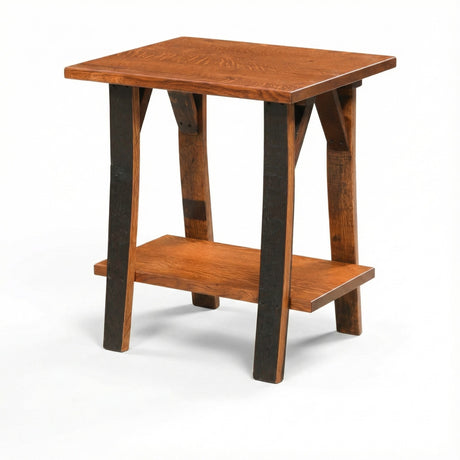Barrel Side Table crafted from reclaimed wood, featuring four dark-stained legs and a lower shelf, shown against a white background.