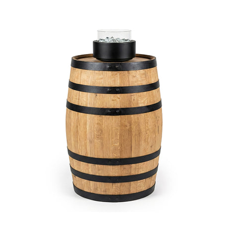 The Pub Table Glass Fire Top features black metal bands and a glass fire bowl with decorative stones, making it an ideal outdoor fire pit table for cozy gatherings.