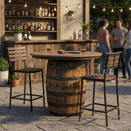 Outdoor patio featuring the Outdoor Barrel Table With Poly Top, two chairs, drinks, and people talking near a bar in the background.