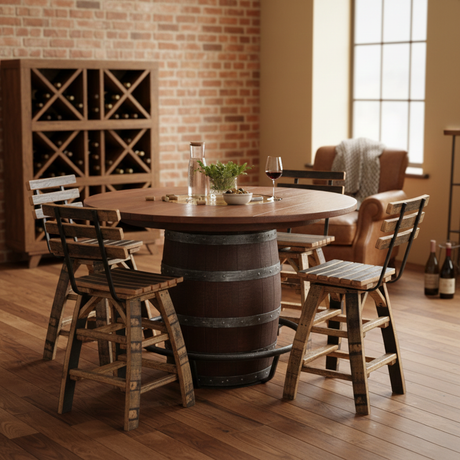 The Barrel Bar Table And Stool with Back set brings a cozy, rustic vibe to your dining room, making it perfect for gatherings and relaxed entertaining.
