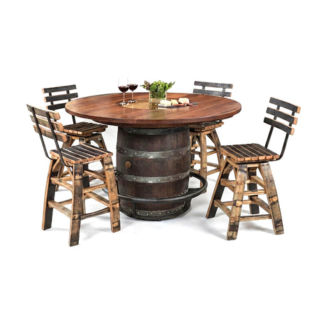 The Barrel Bar Table And Stool with Back features a round wooden table with a barrel base, four matching stools with backrests, and is styled with wine glasses and snacks on top.