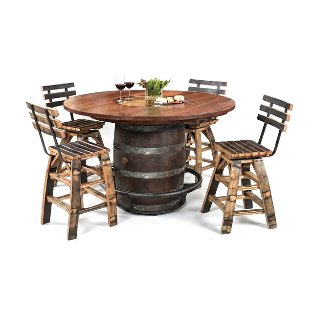 The Barrel Bar Table And Stool with Back features a round wooden table with a barrel base, four matching stools with backrests, and is styled with wine glasses and snacks on top.