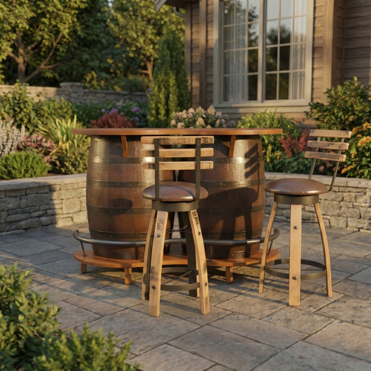 The Barrel Bar Table with Chairs, featuring a barrel-shaped table and two wooden stools, is perfect for rustic patio decor in a charming garden setting.