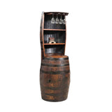 The Barrel Hutch is a wooden bourbon barrel cabinet featuring shelves, four hanging wine glasses, and a small house decoration inside.