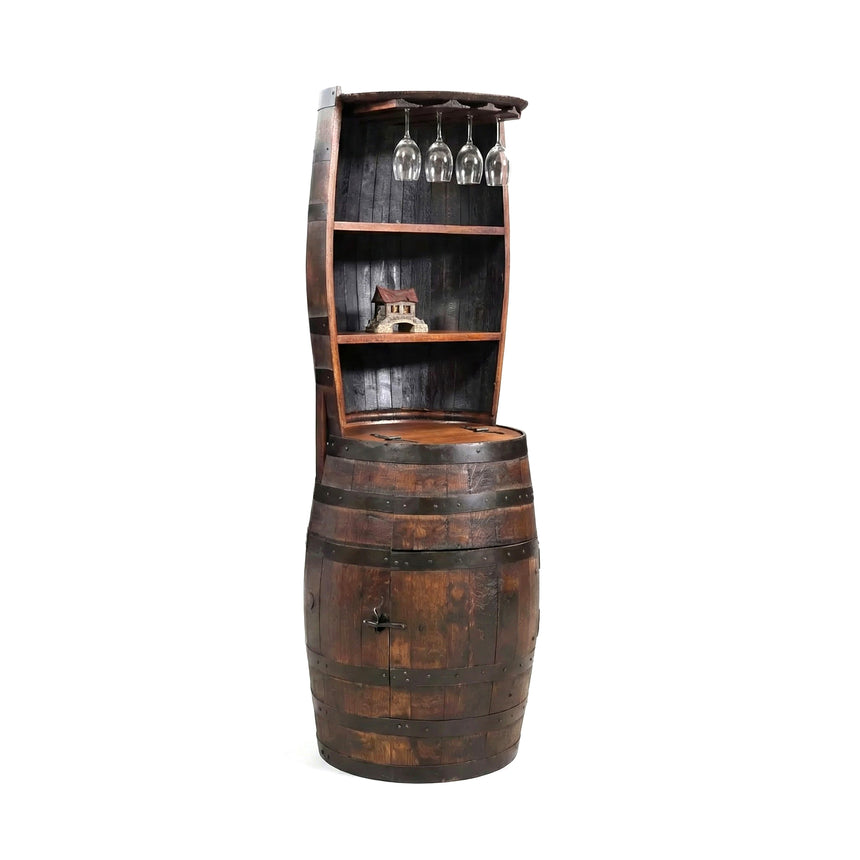 The Barrel Hutch is a wooden bourbon barrel cabinet featuring shelves, four hanging wine glasses, and a small house decoration inside.