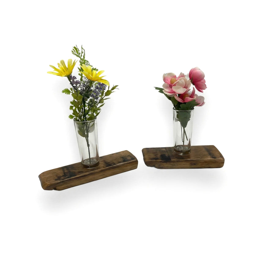 A Single Bud Vase Whiskey Barrel Stave displays a glass vase with artificial flowers, creating rustic home decor against a white background.
