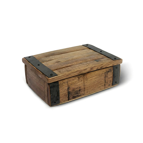 A Small Stave Box—closed, rectangular, wooden, with metal-reinforced corners—sits on a white background.