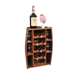 Discover rustic elegance with the Half Barrel Bottle Holder, crafted from repurposed whiskey barrels. This wooden wine rack beautifully showcases a bottle, glasses, and a small vase on top.