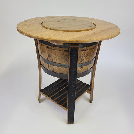 Half Barrel Table - Barrel Head with Storage - T003 features a round wooden tabletop, half barrel base with metal supports, and a slatted wooden shelf at the bottom. Priced at $700.00.