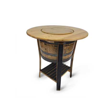The Storage Table for Mini Bar showcases handcrafted elegance with a barrel-shaped base and slatted shelf, accented by metal details. This solid wood table combines style and functionality, perfect for any setting.