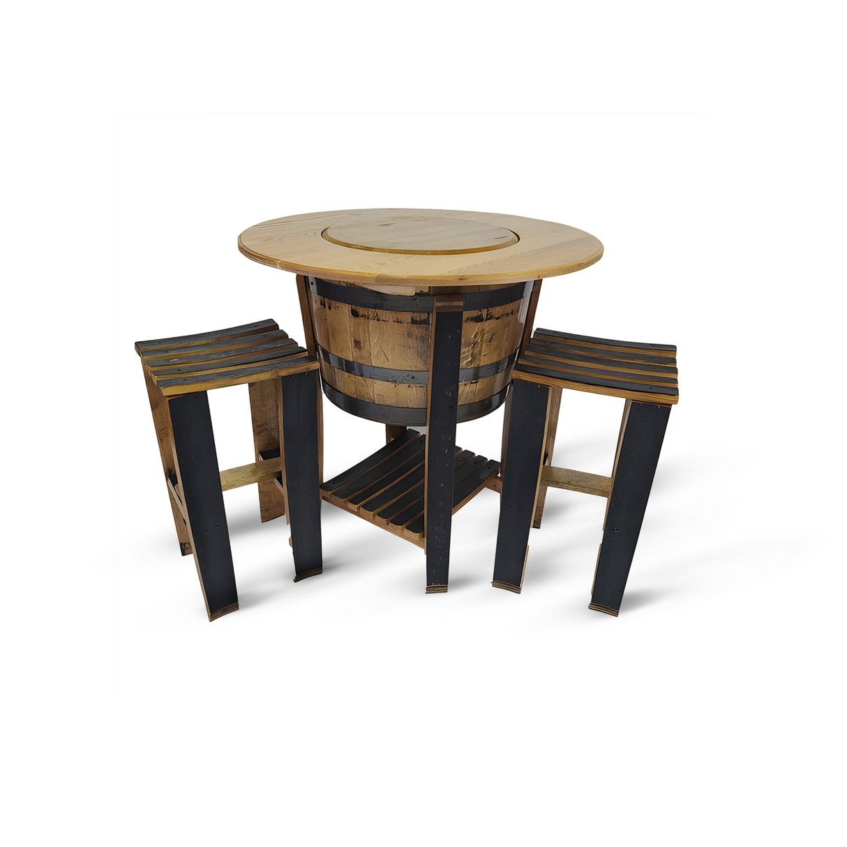 The Half Barrel Table With Solid Top set exudes rustic elegance, featuring solid tops, two matching stools, and charming black legs.