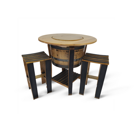 The Half Barrel Table With Solid Top set exudes rustic elegance, featuring solid tops, two matching stools, and charming black legs.