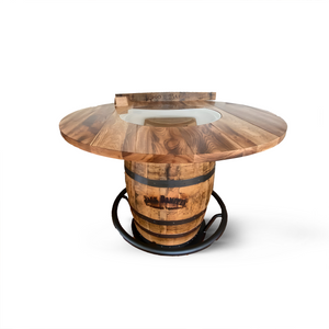 Jack Daniels Whiskey Barrel Pub Table, 48 Inch Burnt Hickory Tabletop with Glass Inset, Hand Made Solid Wood Barrel Construction