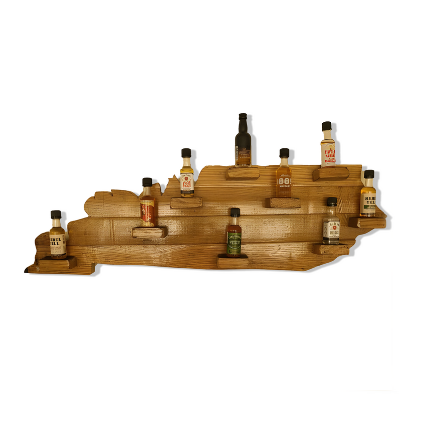 Discover the allure of the Kentucky Wood Map Shelf, designed to display bourbon bottles with elegance. Made from handcrafted whiskey barrels, this heritage-style piece beautifully merges tradition and artistry.