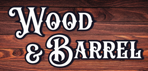 Wood & Barrel" text in ornate font on wooden plank background.