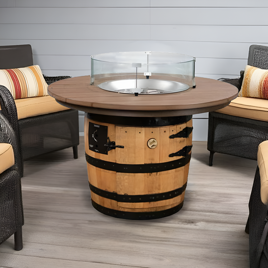 The Outdoor Firepit with Poly Top features a round design and is perfect for your patio seating area.