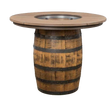 An outdoor barrel table made from whiskey barrels, featuring a round top crafted from poly material with a water-resistant finish.