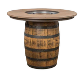 An outdoor barrel table made from whiskey barrels, featuring a round top crafted from poly material with a water-resistant finish.