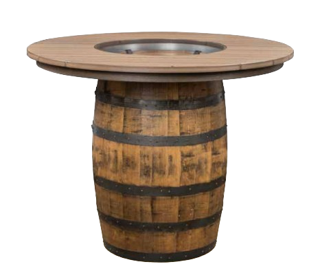 An outdoor barrel table made from whiskey barrels, featuring a round top crafted from poly material with a water-resistant finish.