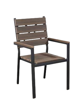 The Outdoor Chair combines style and function with its wooden slatted backrest and armrests on a sturdy black metal frame, ensuring comfort for any patio or garden setting.