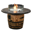 The Outdoor Firepit features a barrel design with a stone top and glass protection, elegantly emitting a warm flame.