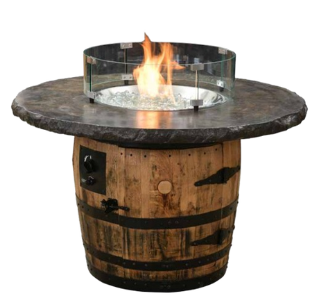 The Outdoor Firepit features a barrel design with a stone top and glass protection, elegantly emitting a warm flame.