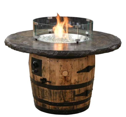 The Outdoor Firepit features a barrel design with a stone top and glass protection, elegantly emitting a warm flame.