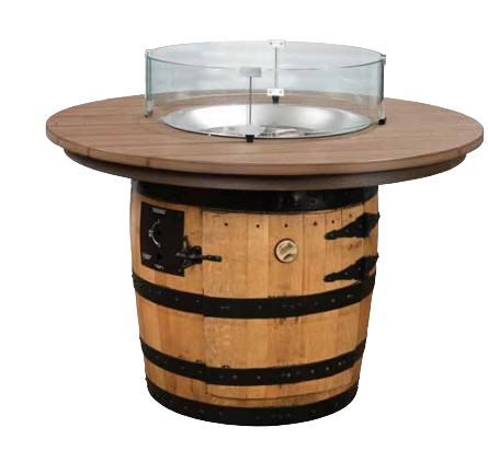 The Outdoor Firepit with Poly Top features a round design and a glass wind guard, elegantly perched on a rustic wooden whiskey barrel base, combining charm and functionality.