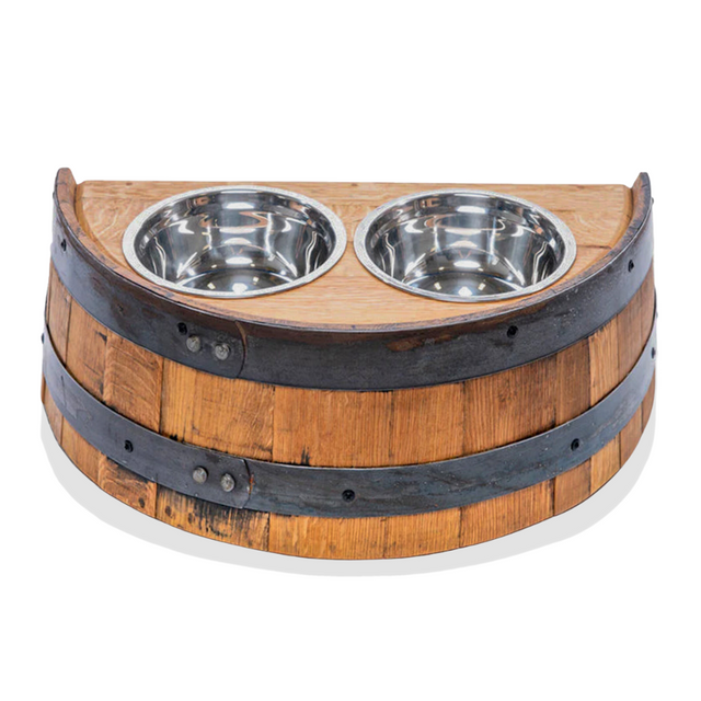 The Whiskey Barrel Pet Feeder is a stylish option with two stainless steel bowls.