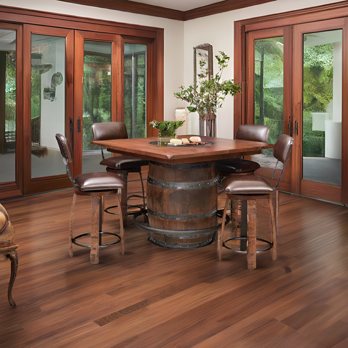 The Plain Barrel Table with Chairs features a square wood table on a barrel base, crafted from reclaimed whiskey barrels, and includes four chairs—perfect for bright rooms with wood floors and glass doors.
