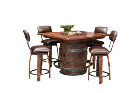 The Plain Barrel Table with Chairs features a rustic table made from reclaimed whiskey barrels, complemented by four brown leather chairs and topped with a decorative centerpiece.