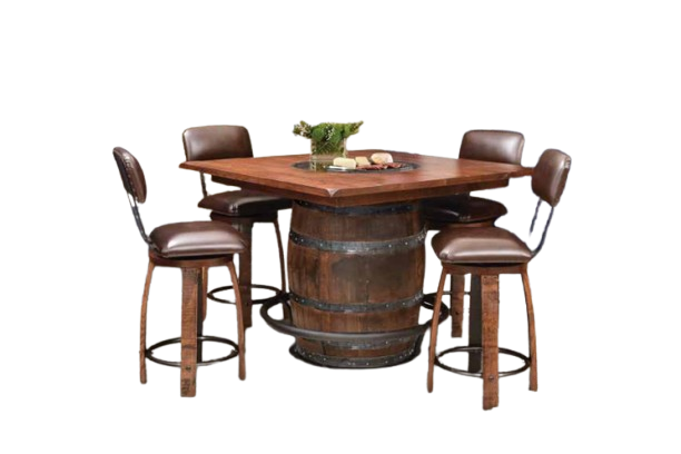 The Plain Barrel Table with Chairs features a rustic table made from reclaimed whiskey barrels, complemented by four brown leather chairs and topped with a decorative centerpiece.