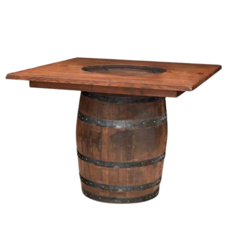 The Plain Barrel Table is a handcrafted wooden piece with a barrel base, a square top, and a circular cutout, made from authentic whiskey barrels.